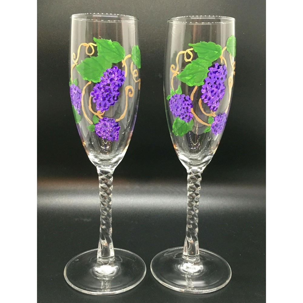 Hand Painted Champagne Flutes Glasses Purple Grapes Leaves Vines Twisted Stem 2